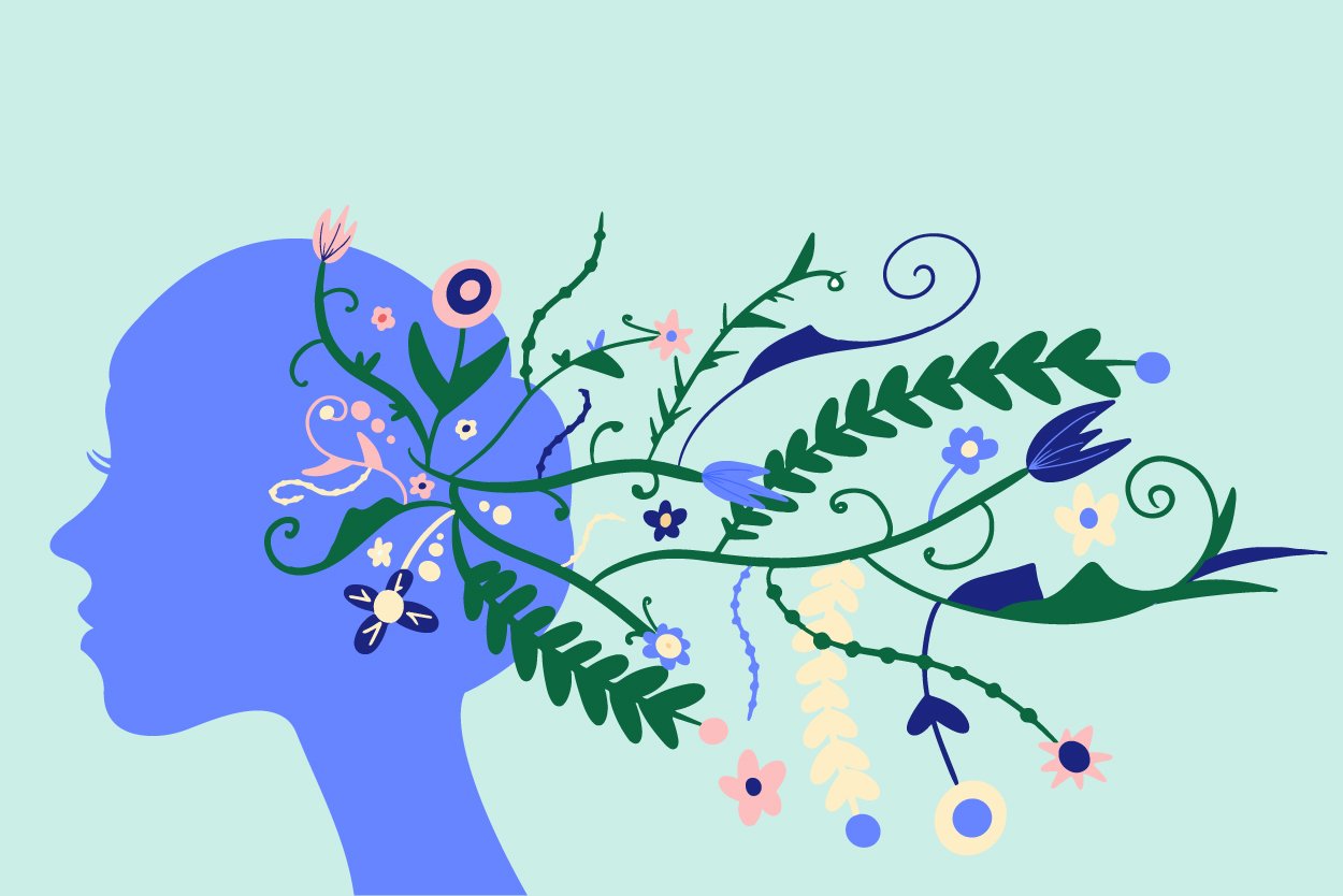 illustration of person with flowers growing from their hair