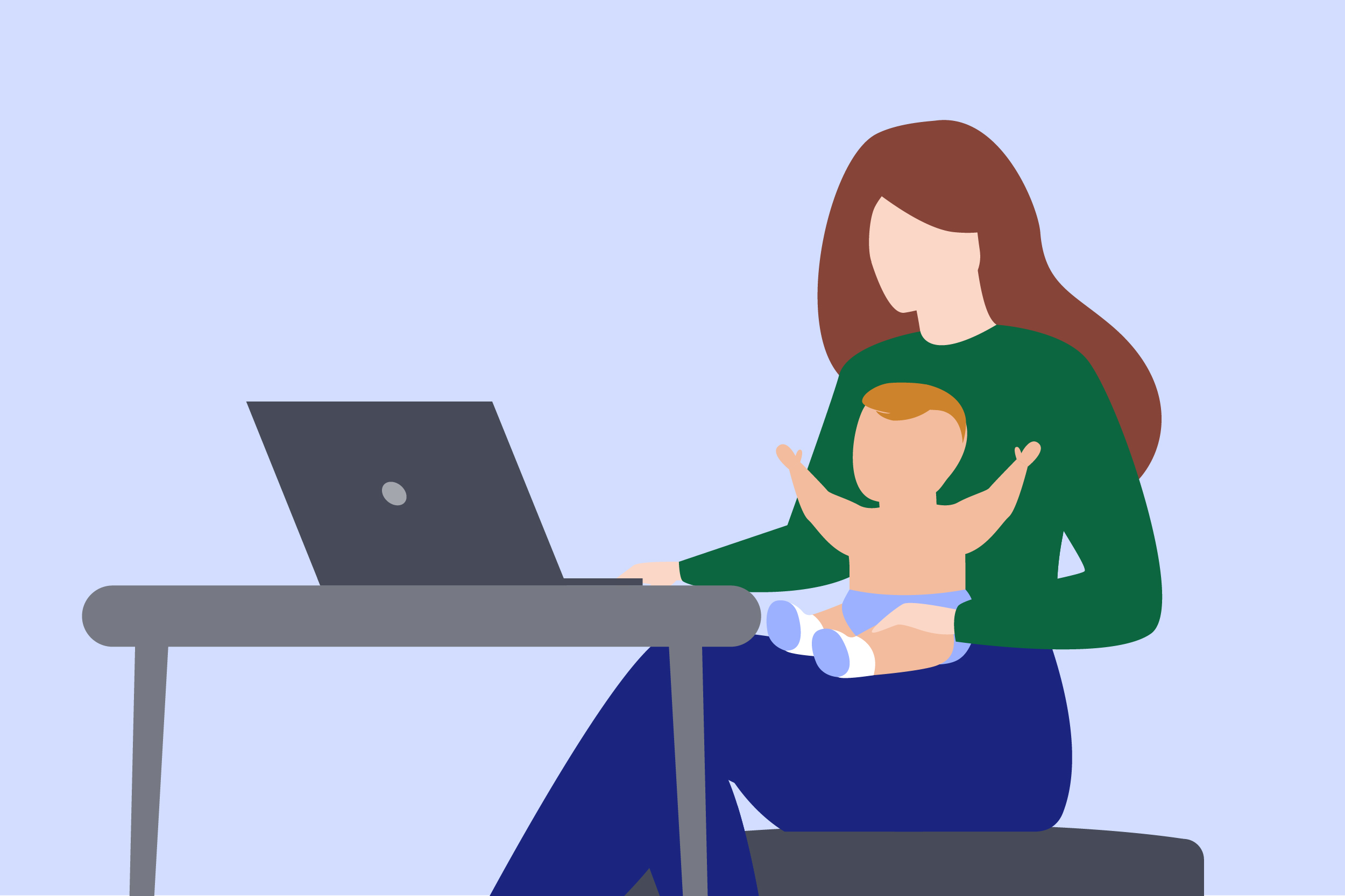 illustration of a woman working with a baby on her lap
